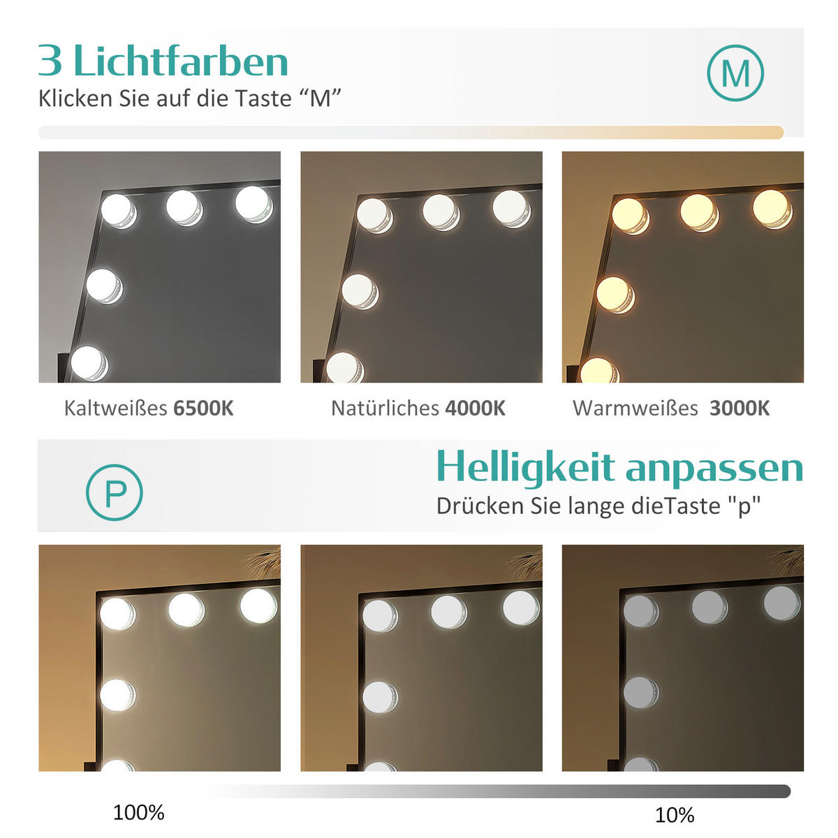 KOSMETIKSPIEGEL Rechteckiger mit Beleuchtung, Schwarz, 41/30 cm - Schwarz, Glas (31/8.5/40cm) - EMKE