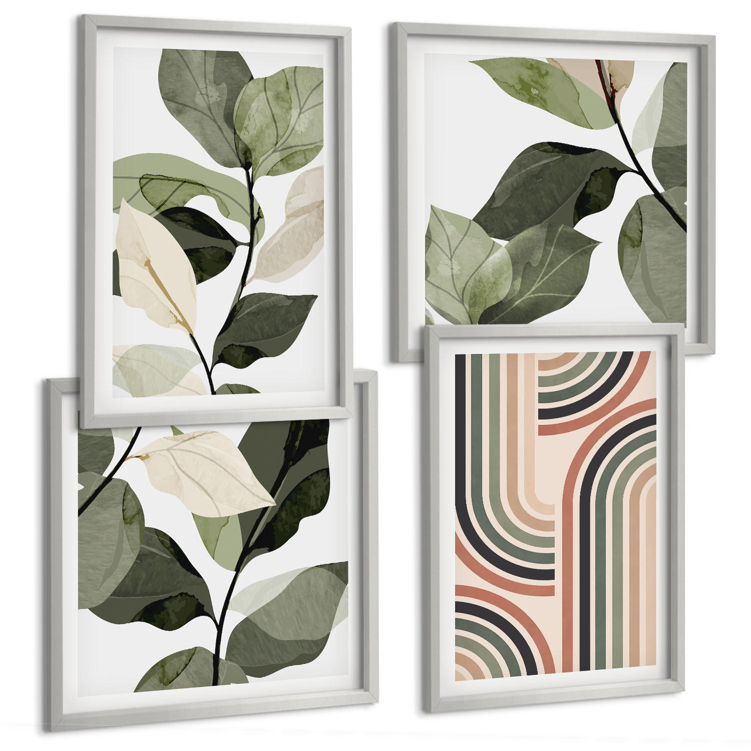 BILDER SET 4er Set - 50x50 cm & 40x60 cm Silberner Rahmen - Geometrische Pflanzenmotive - Silberfarben, Kunststoff (50/50cm) - TULUP