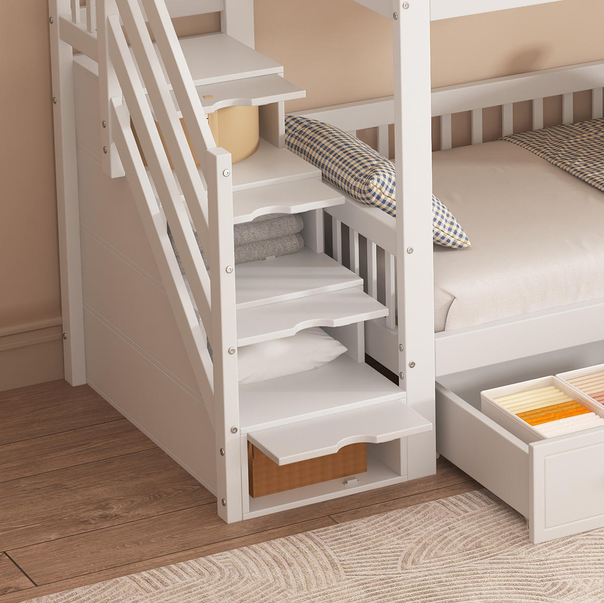 ETAGENBETT aus Kiefer und MDF 90x200 cm Weiß/Natur mit Stauraumtreppe, 2 Schubladen und Fenstern - Weiß, Holzwerkstoff (90/200cm) - Modfu