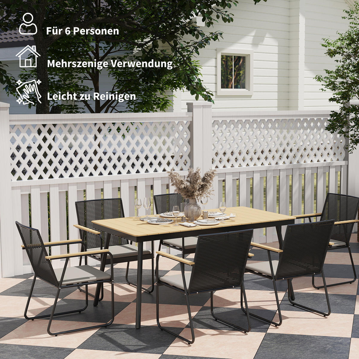 SITZGRUPPE 7-teilig DE-09701 mit Tisch und 6 Stühlen Naturholz+Schwarz - Naturfarben, Metall - ComfortXL