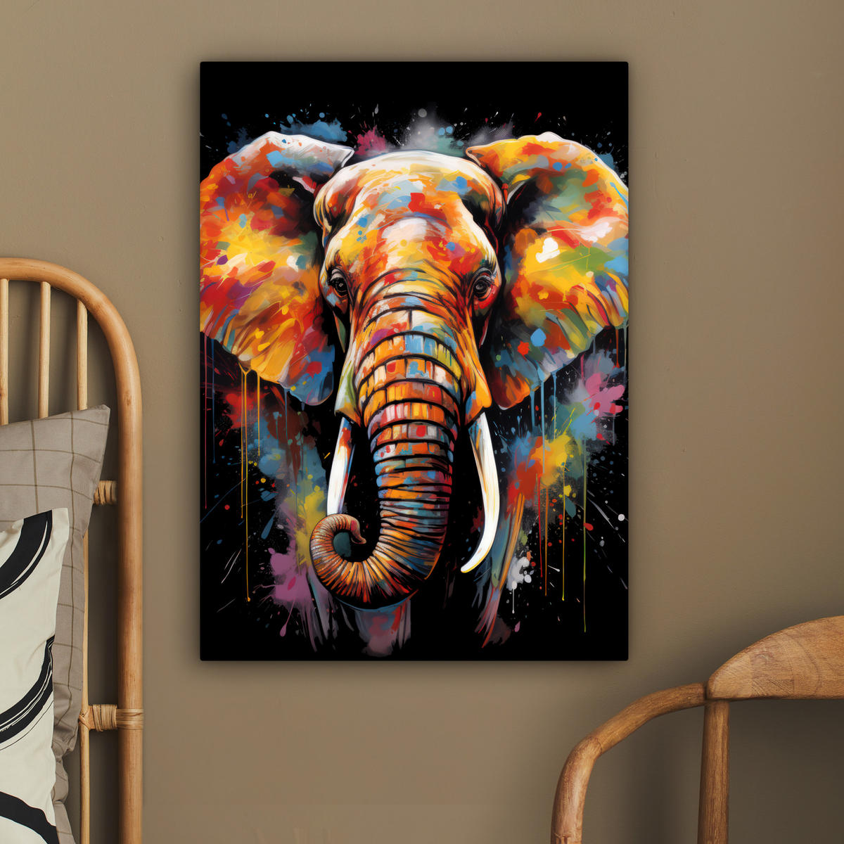 LEINWANDBILD Elefant - Graffiti - Schwarz - Tiere - Farben 60x80 cm - Schwarz, Textil (60/80cm) - MuchoWow