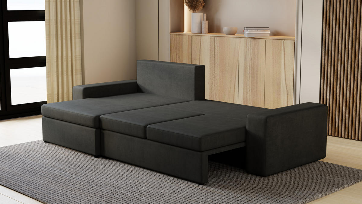 ECKSOFA Paco mit Bettkasten und Schlaffunktion, L-Form/XL-Form, Velourstoff, Universal - Graphitfarben, Holzwerkstoff (276/145cm) - 4ALL HOME