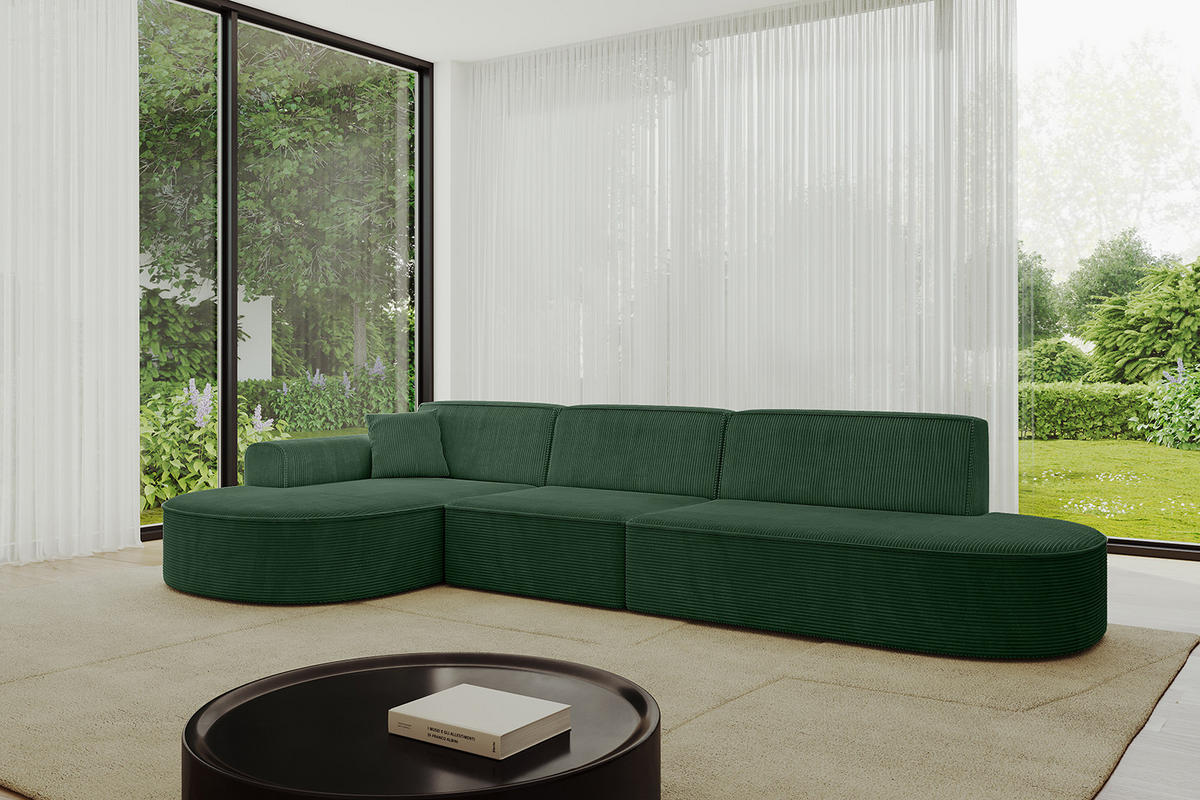 ECKSOFA Ottomane Links MARI-L2 - 317x163x73,5 cm Grün Cord - Schwarz/Grün, Holzwerkstoff/Kunststoff (165/321cm) - ALTDECOR