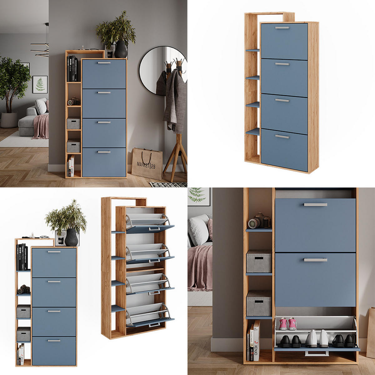 SCHUHKIPPER Orlando Goldkraft Eiche/Blau 80 x 166.1 cm mit 4 Fächern - Honigeiche/Eichefarben, Holzwerkstoff (80/166.1/24.2cm) - Vicco