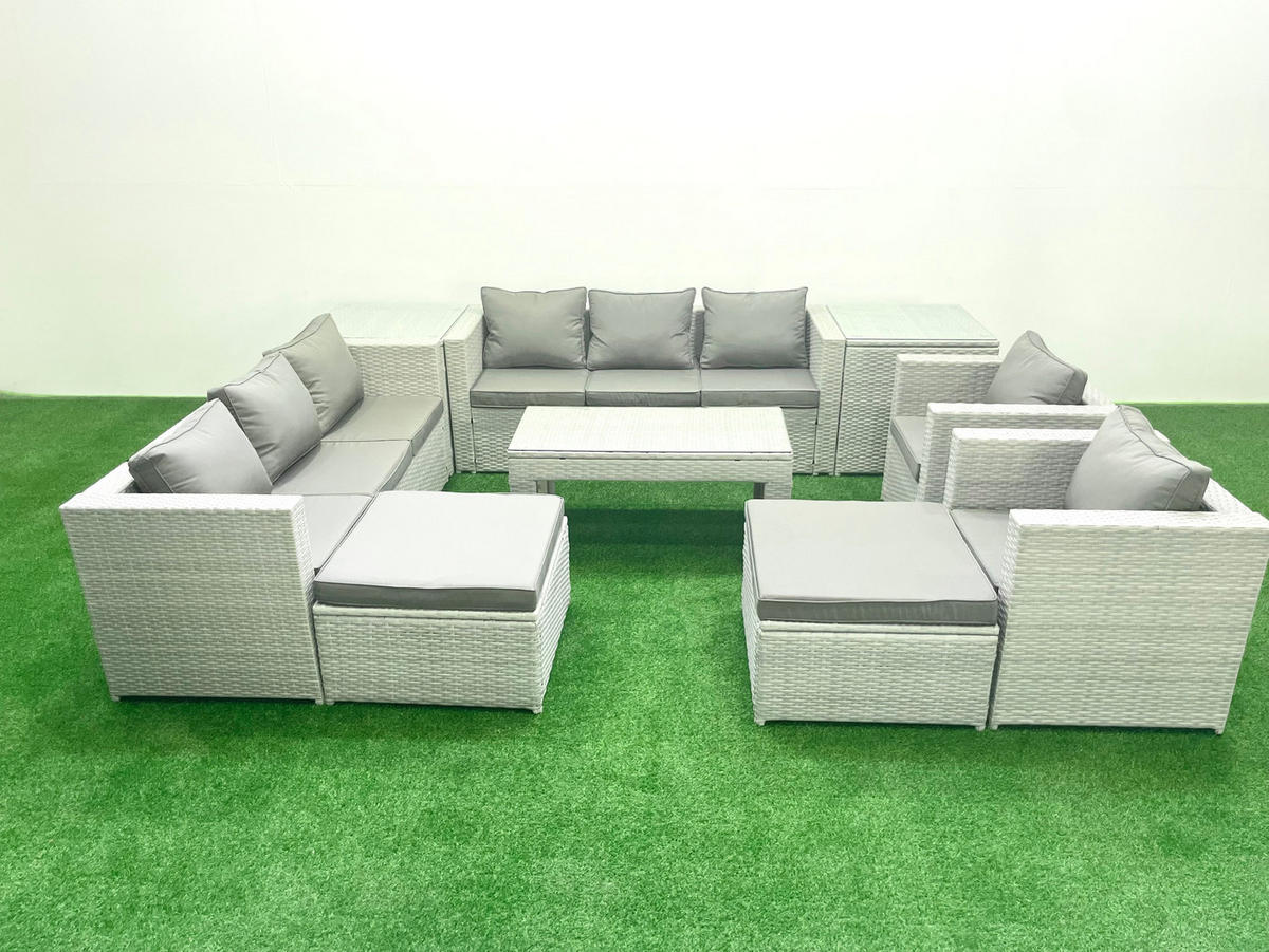 GARTENSOFA hohe Rückenlehne Polyrattan Hellgrau-Mix 10-Sitzer - Hellgrau/Grau, Glas/Kunststoff - Fimous