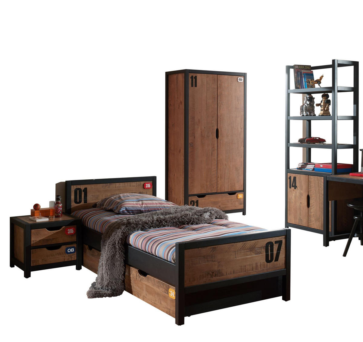 KINDERZIMMER Set komplett Kameko 8 Massivholz+MDF Schwarz/Cognac - Cognac/Schwarz, Holz (280/1/180cm) - 58aufmkessel