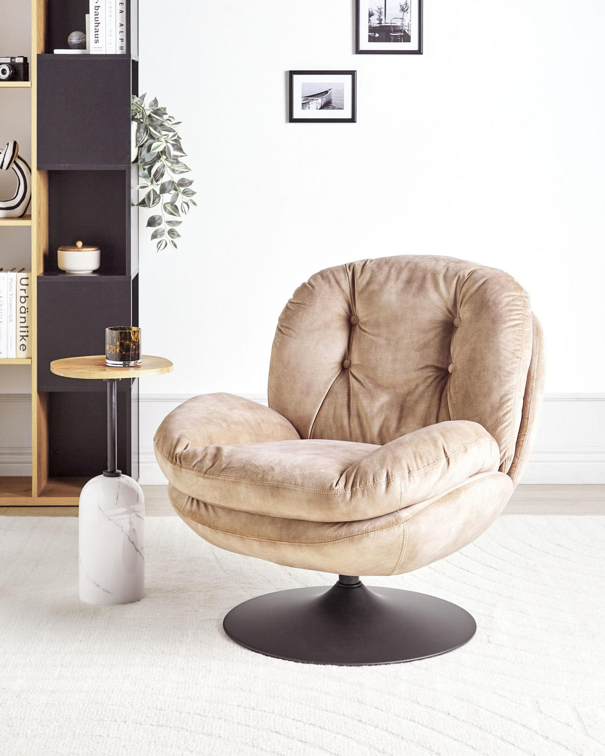 DREHSESSEL Beige Nolvik - Sandfarben/Schwarz, Textil (82/82/85cm) - Beliani