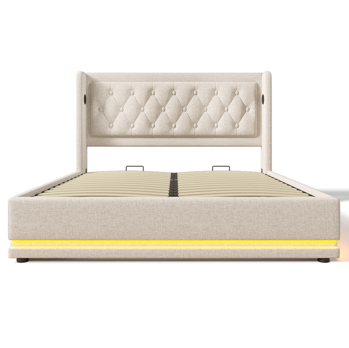 POLSTERBETT 140/200 cm mit LED-Beleuchtung, USB-C, hydraulischem Bettkasten und Matratze, Baumwolle, Beige - Beige, Textil (140/200cm) - Redom