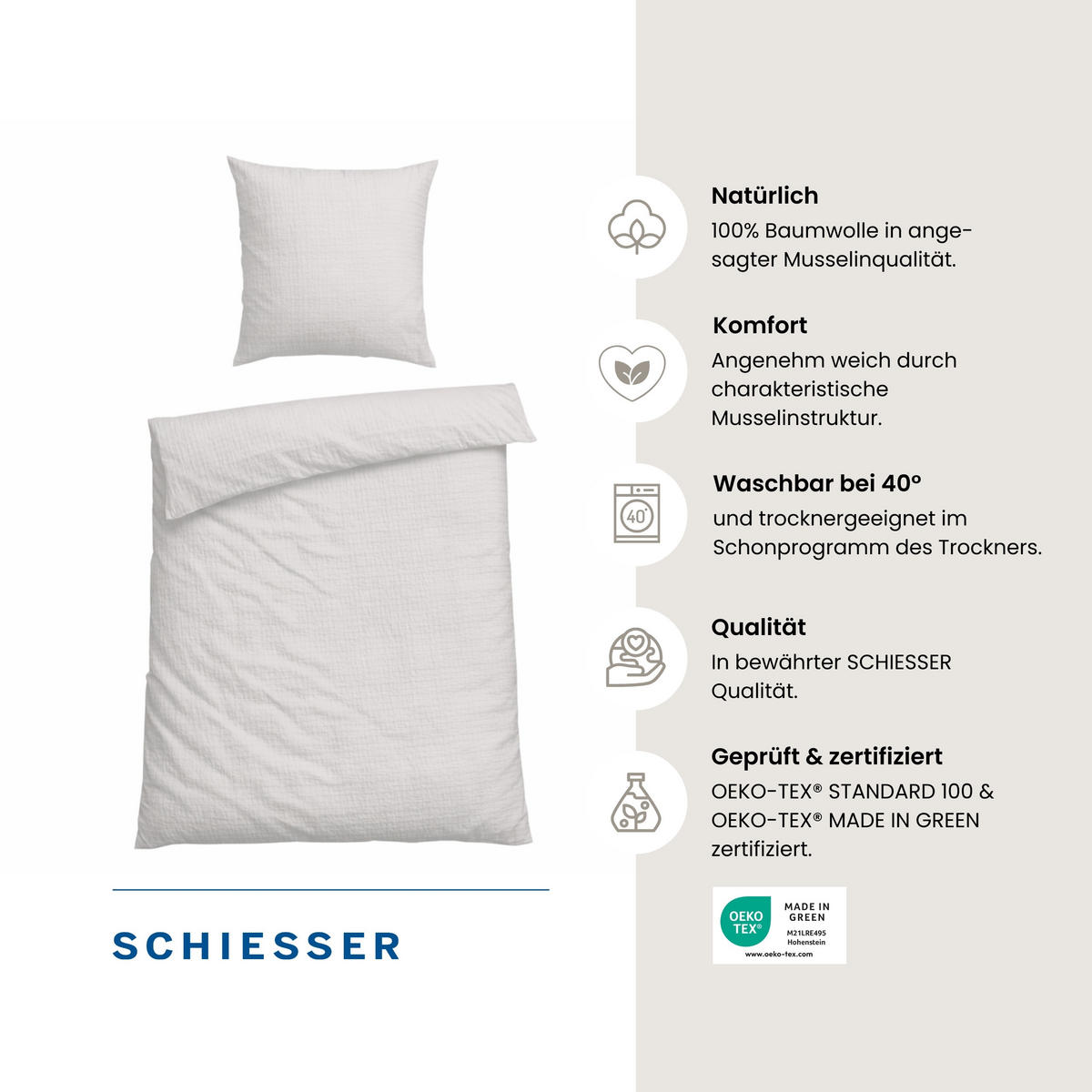 BETTWÄSCHESET Molly - Musselin - 2-teilig - 135 x 200 cm - Hellgrau - Hellgrau, Textil (135/200cm) - SCHIESSER