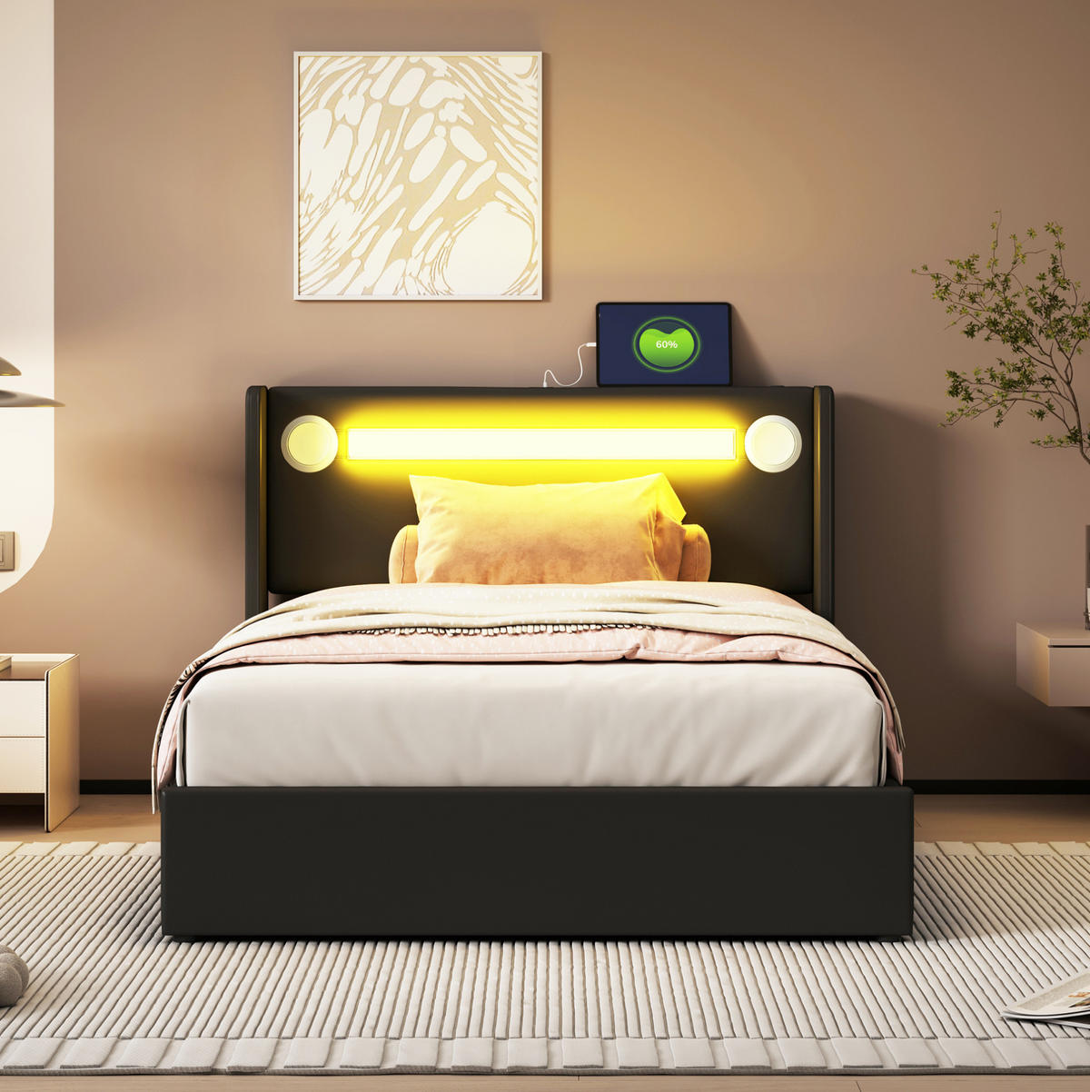 POLSTERBETT mit LED-Beleuchtung 90/200 cm mit Bettkasten und USB in Schwarz - Schwarz, Kunststoff (90/200cm) - BEAOK