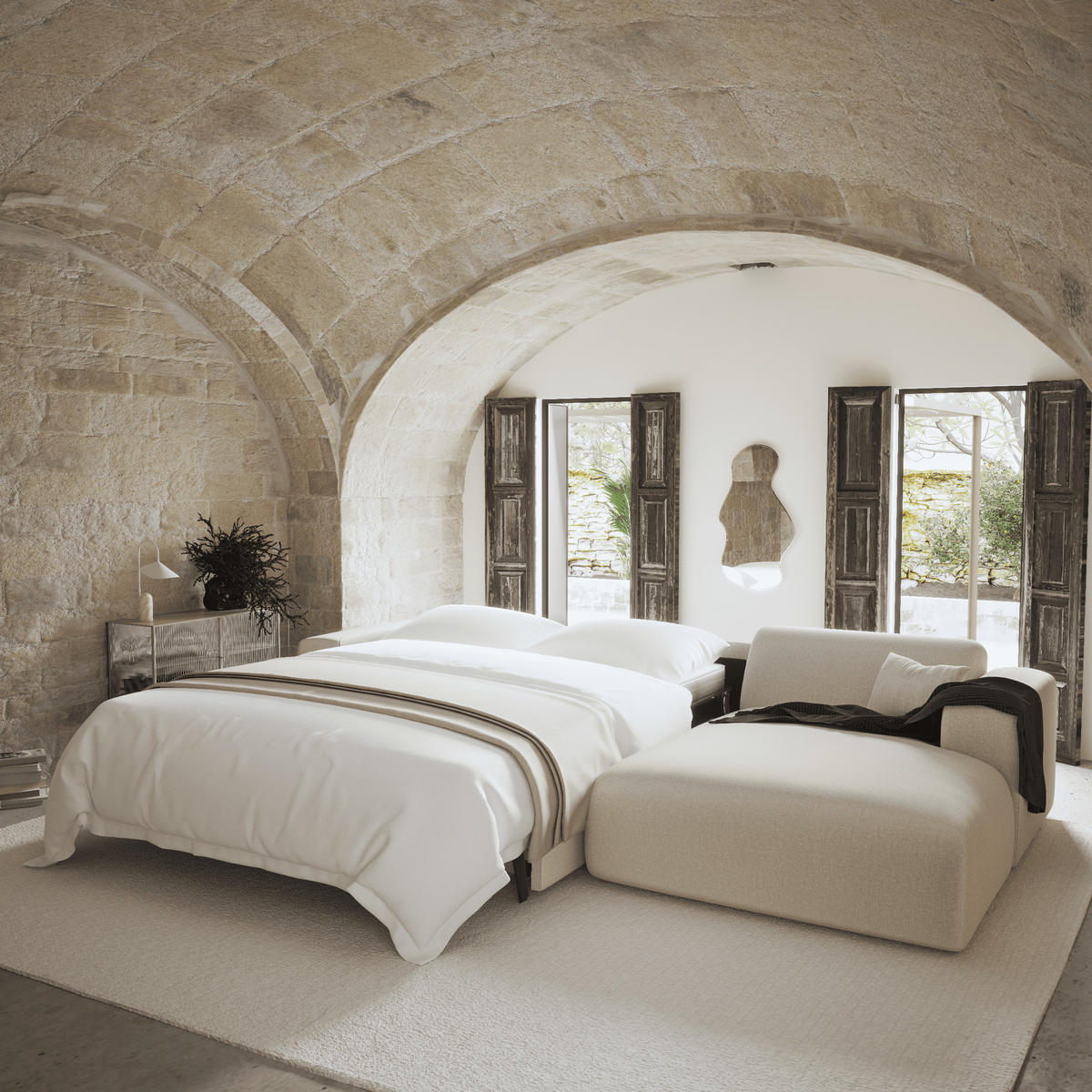 ECKSOFA RECHTS SCHLAFSOFA Rastergewebe Beige 280cm - Beige, Textil (280/165cm) - Sia Home