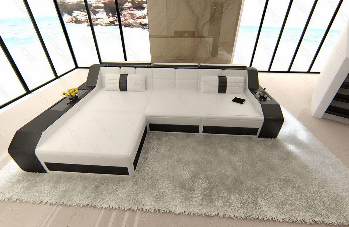 COUCH Arezzo L Weiß Schwarz Echtleder - Weiß, Leder (308/194cm)