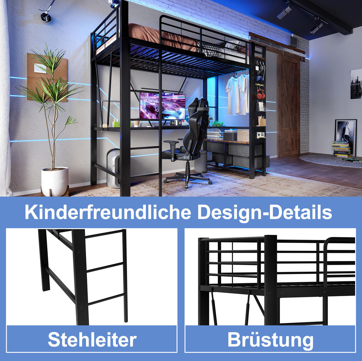 HOCHBETT mit Schreibtisch 90/200 cm in Schwarz – mit Stauraum, LED und Leiter - Schwarz, Metall (90/200cm) - BEAOK