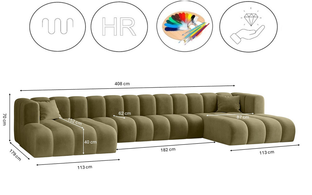ECKSOFA, U-from, Sofa Grand U XL modular stoff Salvador Olive - Olivgrün, Holz (179/408cm) - Kaiser Möbel