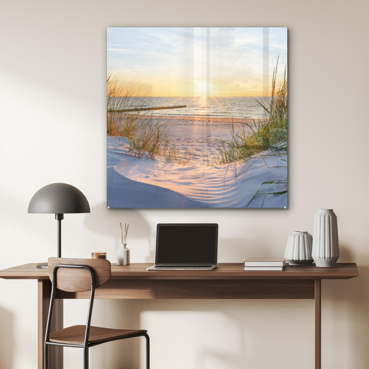 OBRAZ NA AKRYLOVOM SKLE Pláž - Slnko - Duny - Tráva - Piesok - Horizont 90x90 cm - svetlomodrá, sklo (90/90cm) - MuchoWow