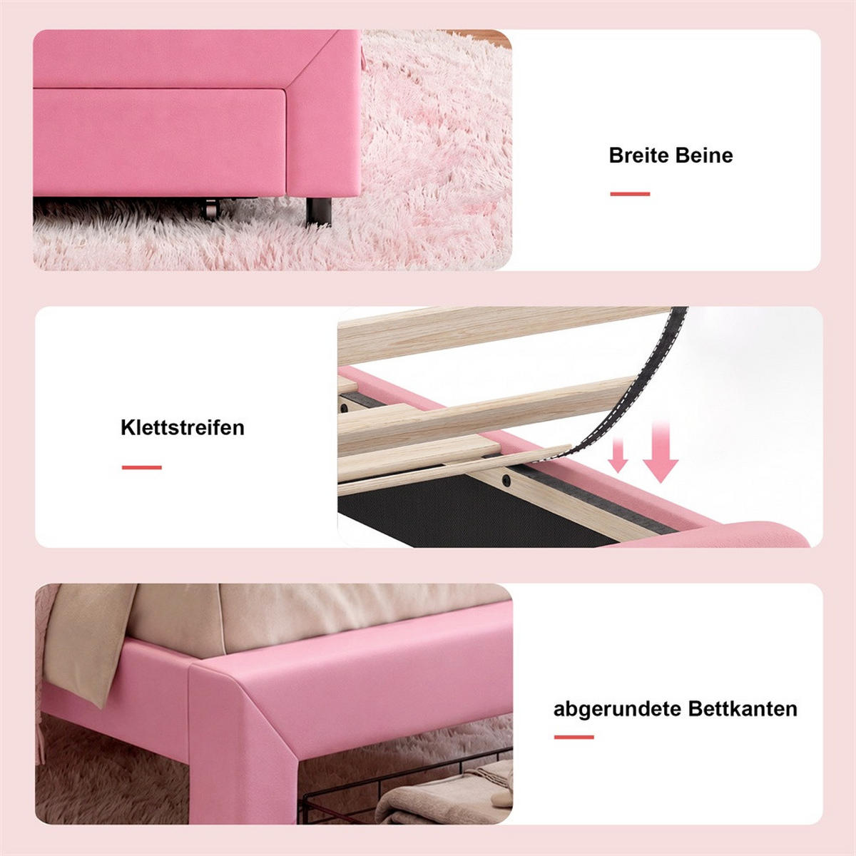 KINDERBETT 90 x 200 cm - höhenverstellbares Kopfteil mit LED-Beleuchtung und 1 Schublade - ohne Matratze - Rosa - Pink, Textil (90/200cm) - DELFA