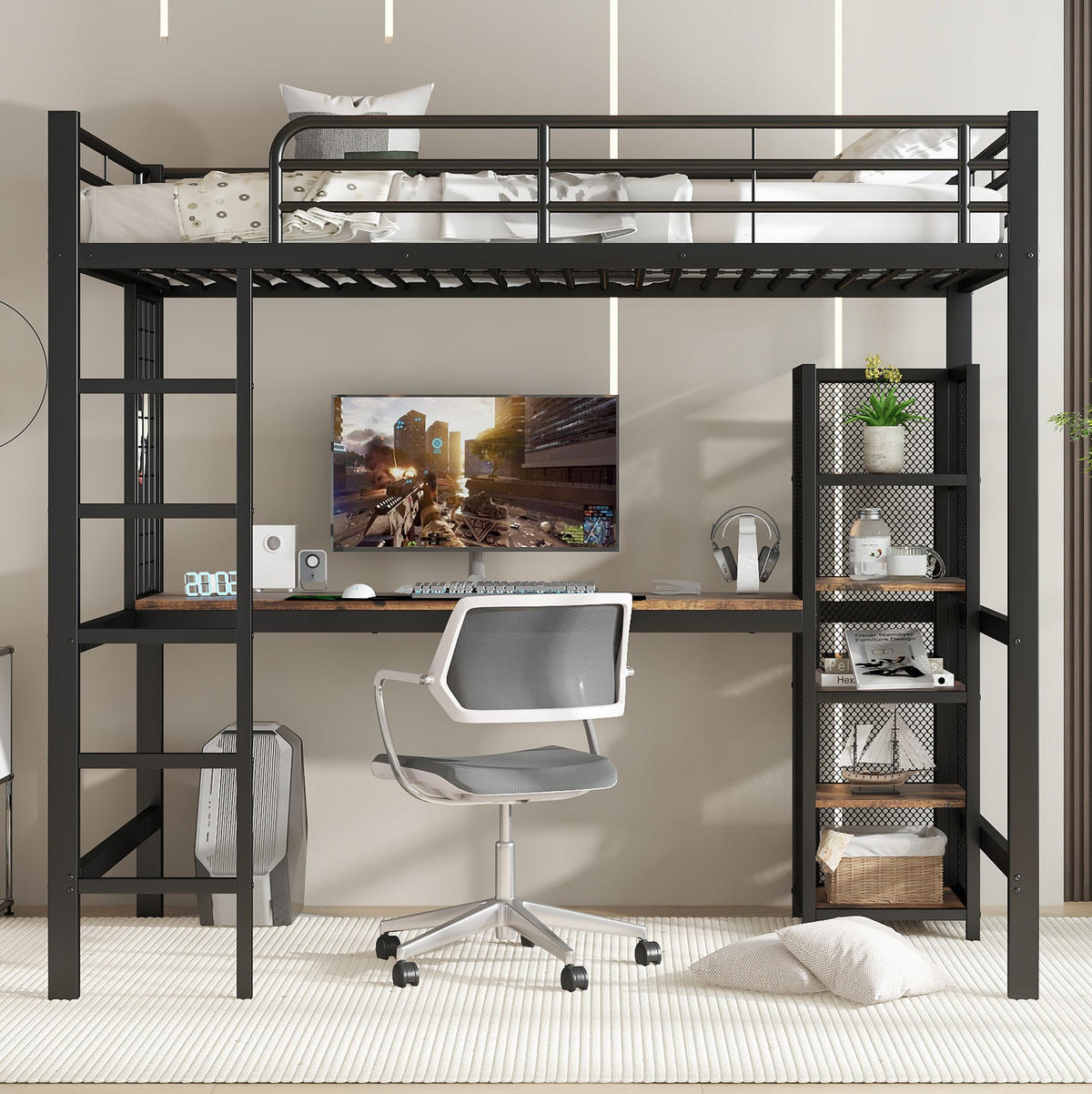 HOCHBETT 90/200 cm aus Metall und MDF mit Schreibtisch, 5-stufigem Regalschrank und Metallgitter, Schwarz/Dunkle Holzfarbe - Schwarz, Holzwerkstoff (90/200cm) - Redom