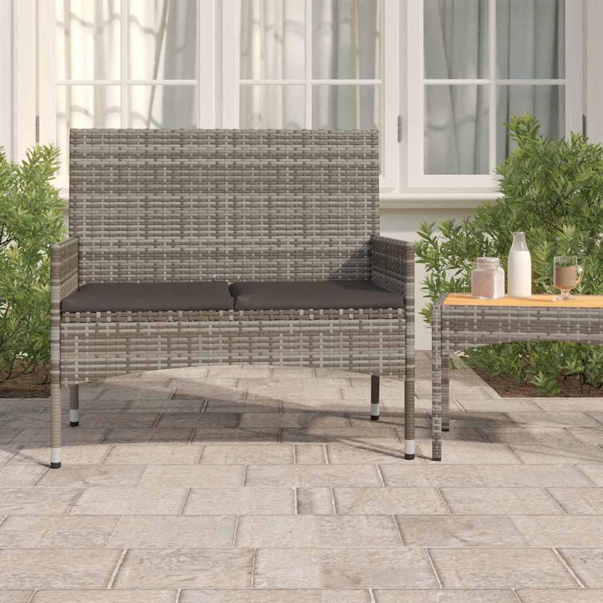 GARTENBANK 2-Sitzer mit Kissen Grau Poly Rattan - Grau, Kunststoff (90/85/51cm) - furnicato