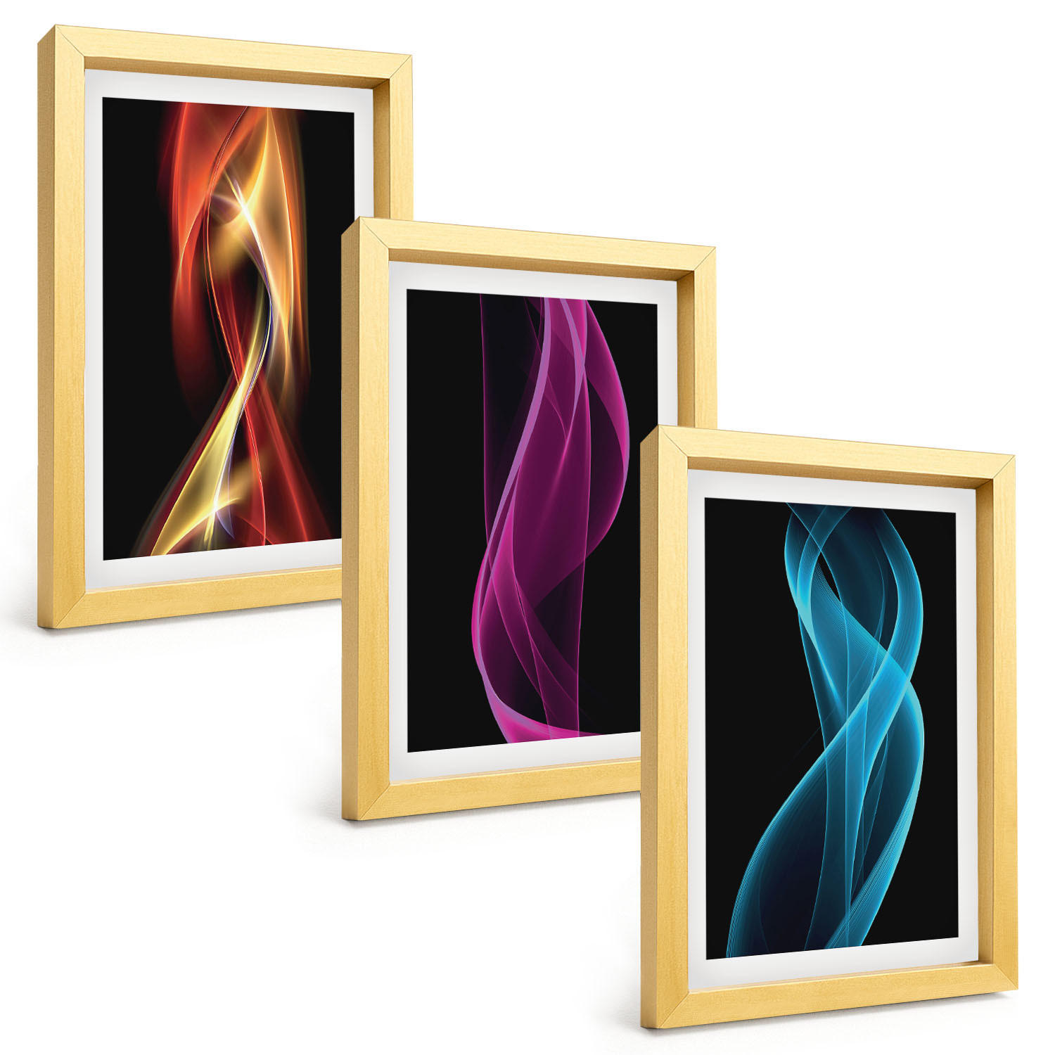 BILDER SET 3er Set - 20x30 cm Goldrahmen - Neonwellenlinien auf dunklem Hintergrund - Goldfarben, Kunststoff (20/30cm) - TULUP