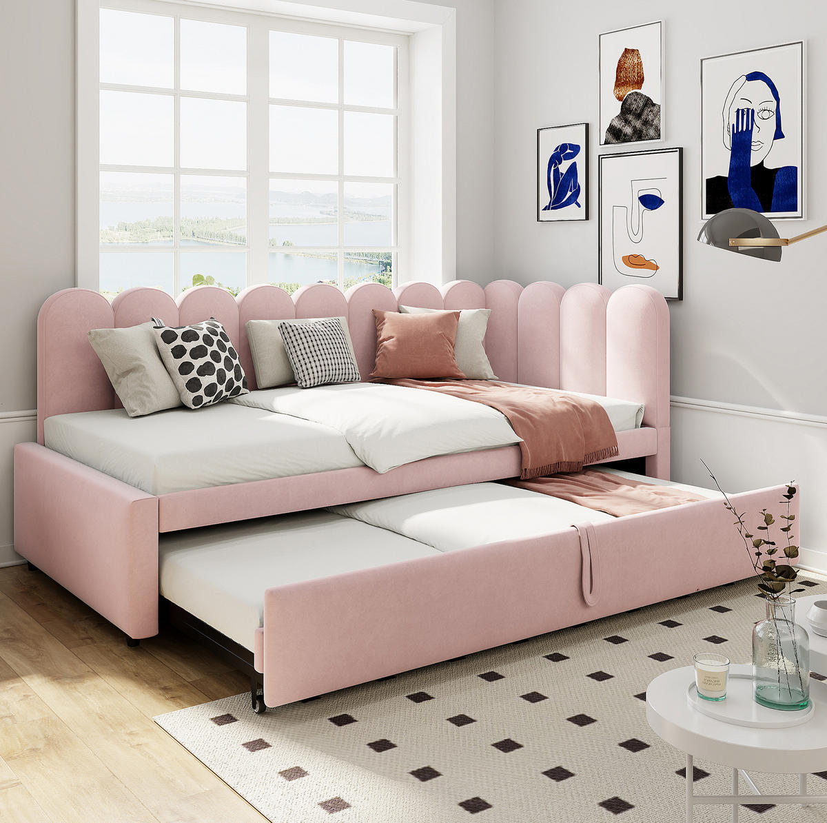 POLSTERBETT aus Samt 90x200 cm in Rosa mit Ausziehbett - Rosa, Textil (90/200cm) - Modfu