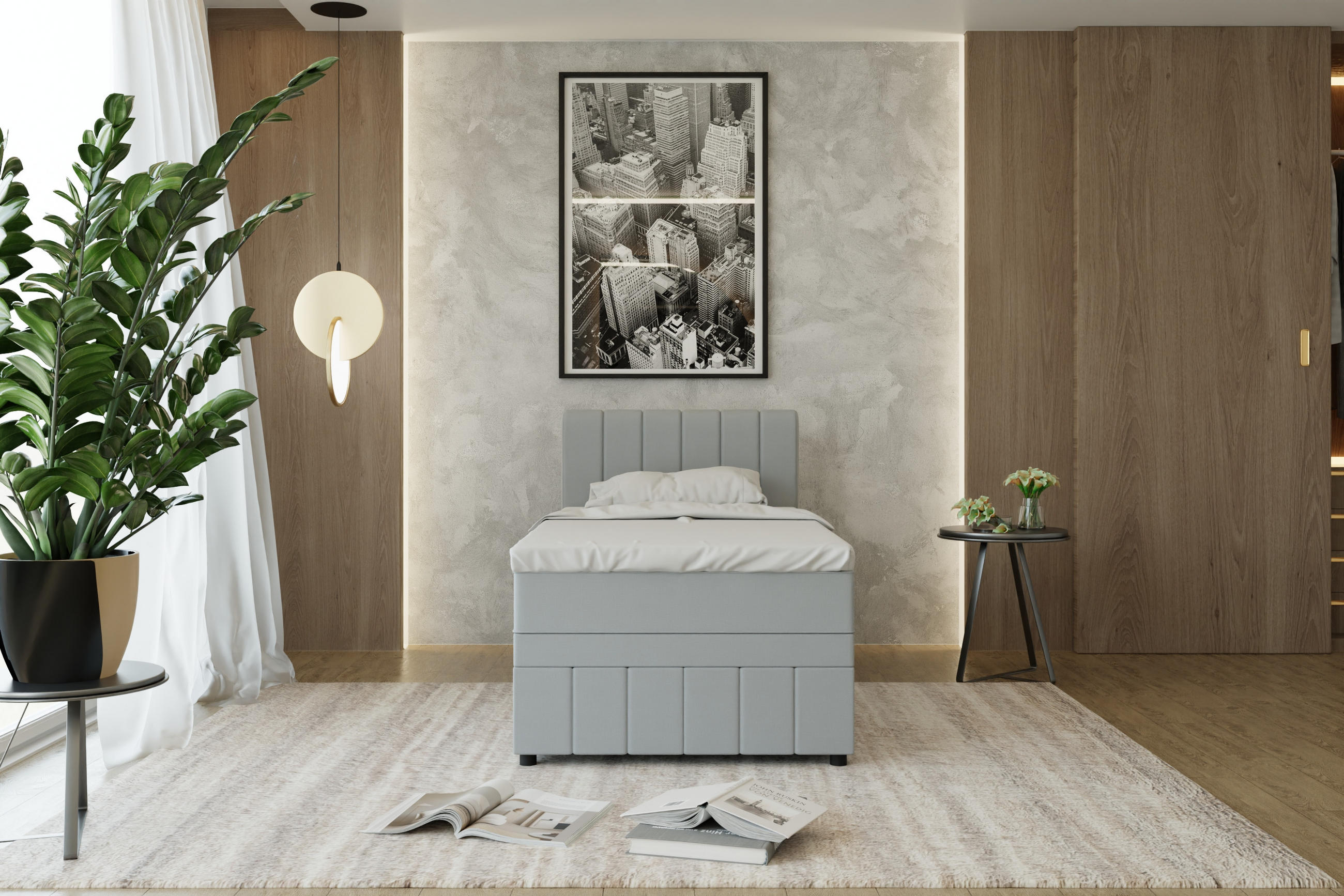 BOXBETT AVALON 100 x 200 cm mit Bettkasten und Topper - Hellgrau - Hellgrau, Holz - Panda Möbel