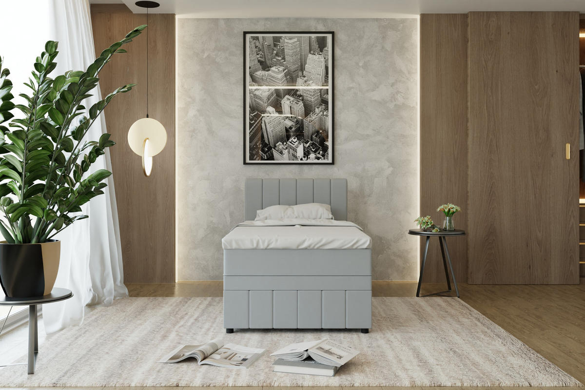 BOXBETT AVALON 100 x 200 cm mit Bettkasten und Topper - Hellgrau - Hellgrau, Holz - Panda Möbel