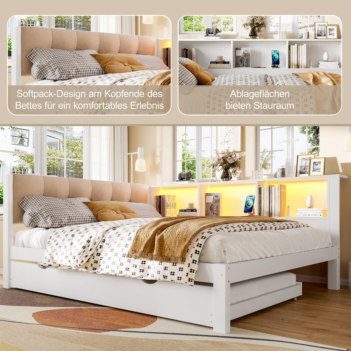 TAGEBETT 140x200cm Weiß Kiefer Ausziehbett LED-Leiste USB Regal - Weiß, Holz (140/200cm) - FLIEKS