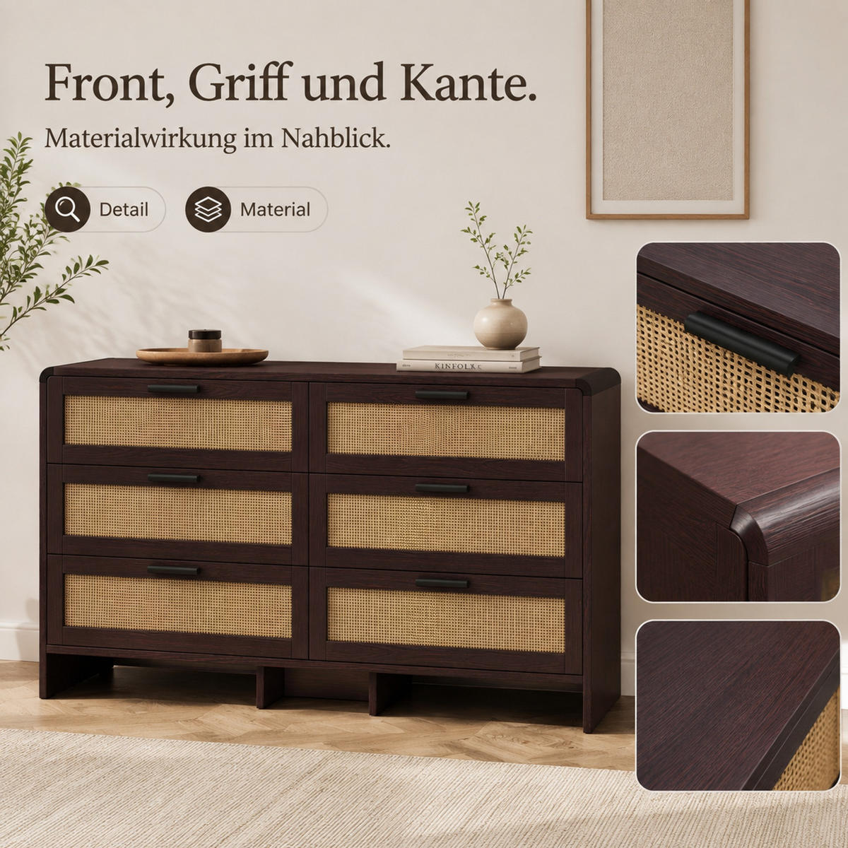 KOMMODE 130 cm aus Holzwerkstoff mit 6 Schubladen und Rattangeflecht Rotbraun - Braun, Holzwerkstoff (130/74/40cm) - Modenvie