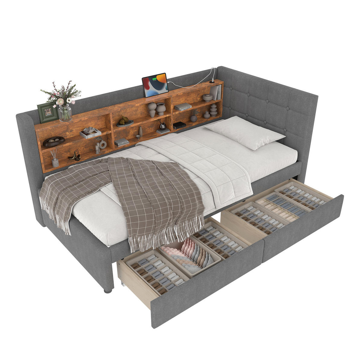 POLSTERBETT aus Leinen 90x200 cm in Grau mit 2 Schubladen & USB-C - Grau, Textil (90/200cm) - Modfu