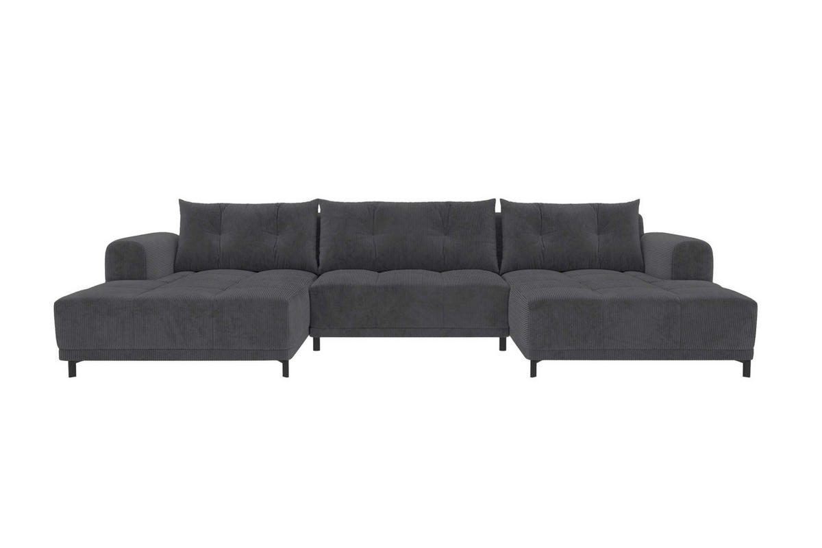 WOHNLANDSCHAFT Massimo Cordstoff Graphitfarben inkl. Schlaffunktion - Graphitfarben/Schwarz, Textil/Metall (356/94/181cm) - 99rooms