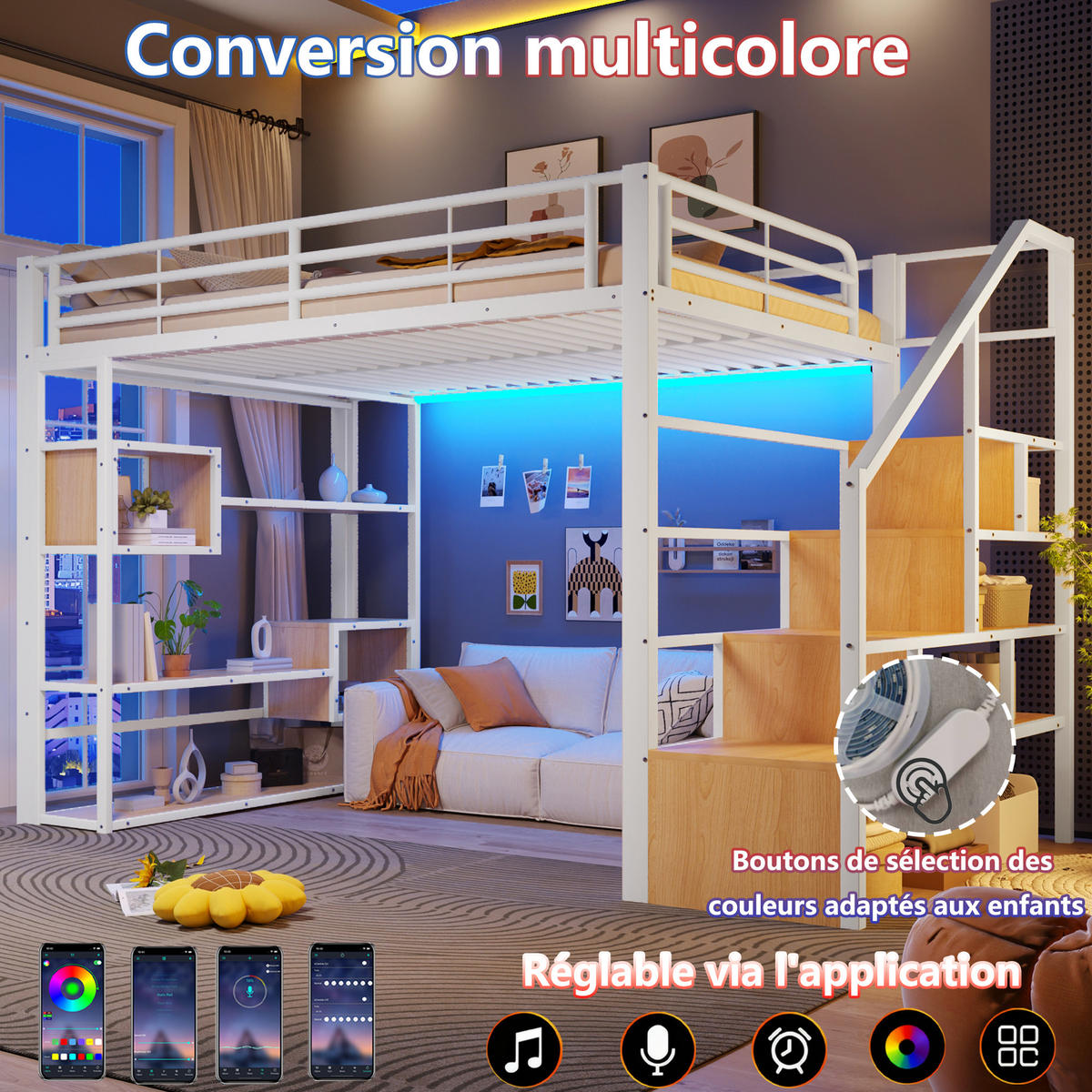 HOCHBETT 140x200 Metall Weiß mit Stauraum LED Beleuchtung Treppe - Weiß, Metall - Gisaae