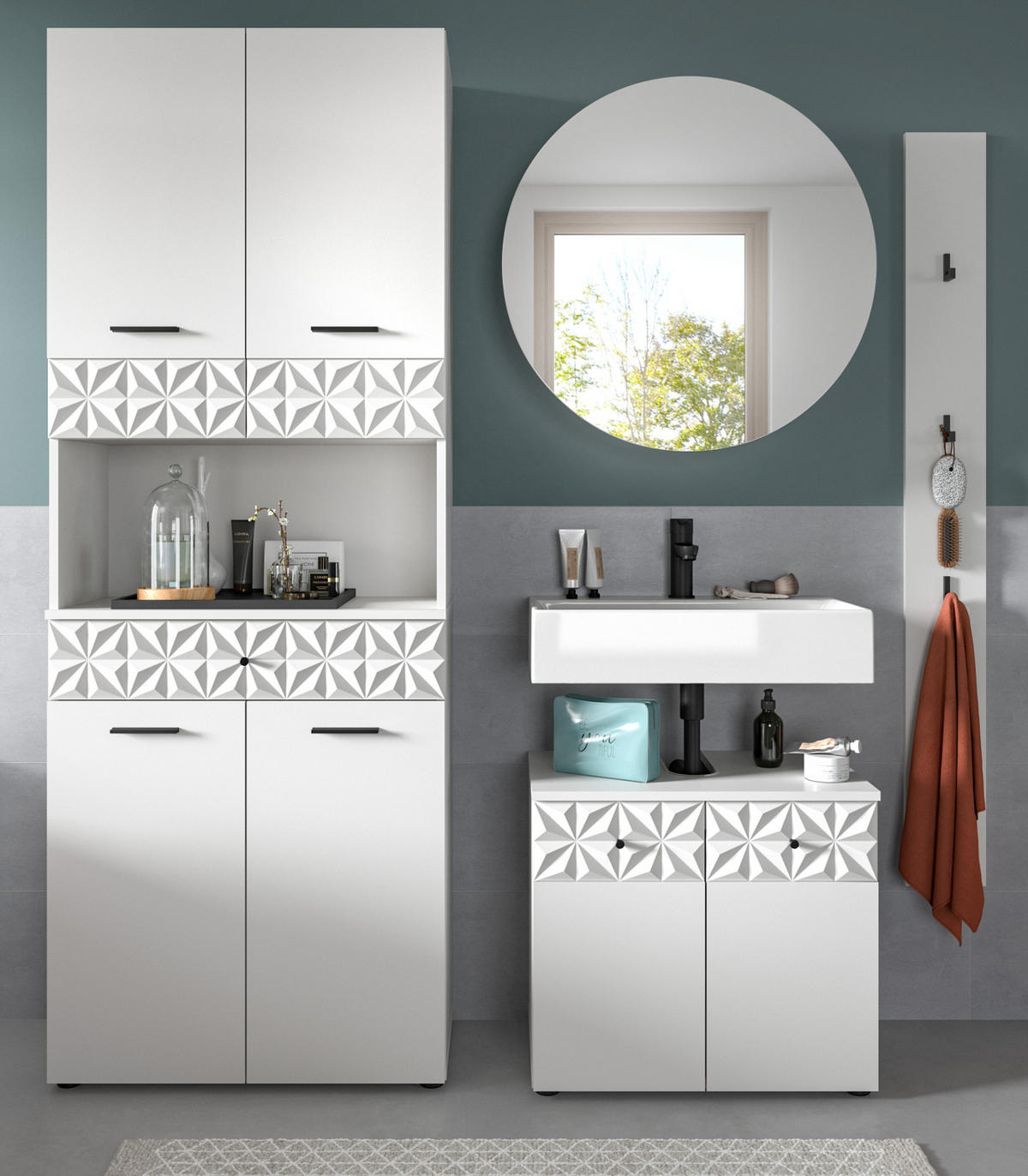 BADMÖBEL-SET weiß Hochglanz 4-teilig 186 cm, Komplettset mit 3D-Struktur - Weiß Hochglanz, Glas/Holzwerkstoff (186/187/37cm) - Inn.Furn