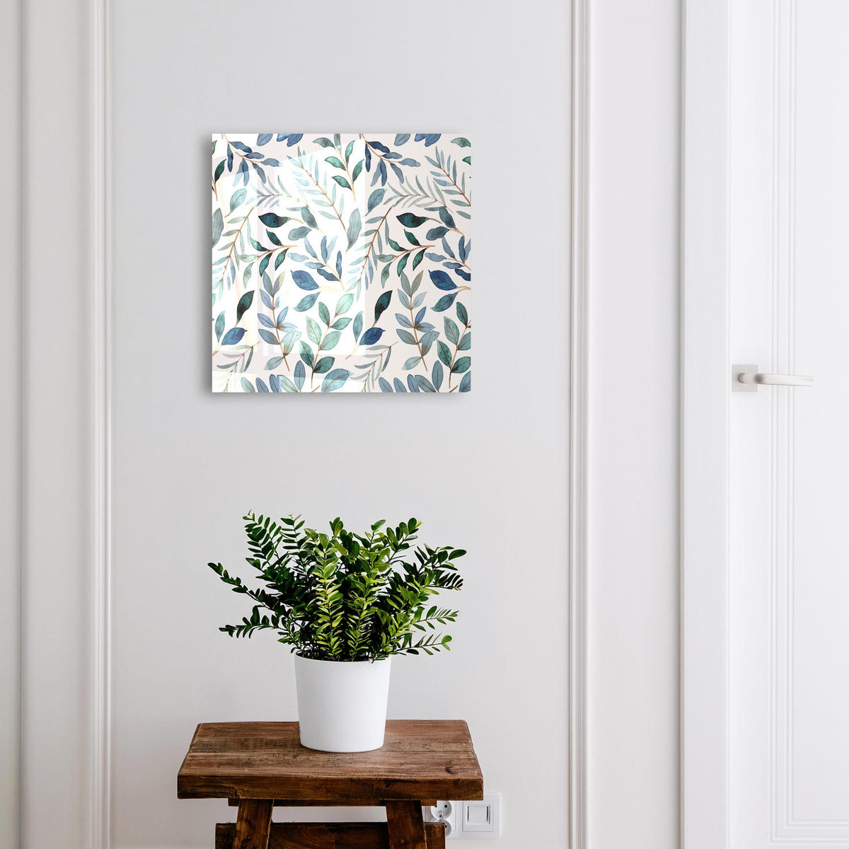 SCHLÜSSELBOX Weiß 30x30 cm – Türöffnung nach rechts - Pflanzen-Aquarelle - Blau, Metall (30/30/5cm) - TULUP