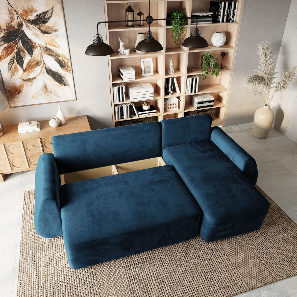 ECKSOFA GALVIS Blau Velours-Stoff mit Schlaffunktion - Blau, Holz (256/156cm) - MASSENO