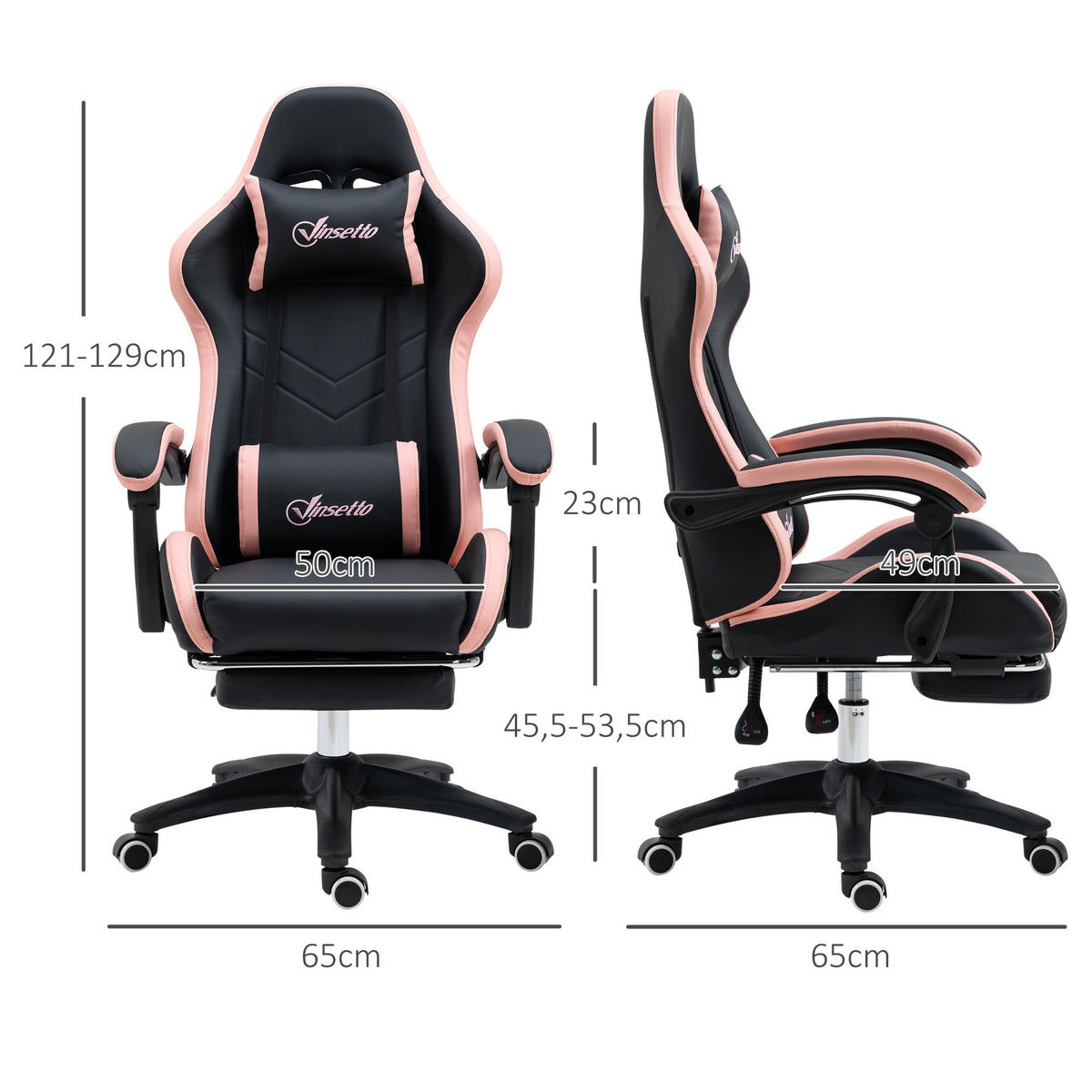 GAMING-STUHL Rosa, 65/65/121-129 cm, Höhenverstellbar, mit Fußstütze - Hellrosa, Metall (65/129/65cm) - PANGIVO