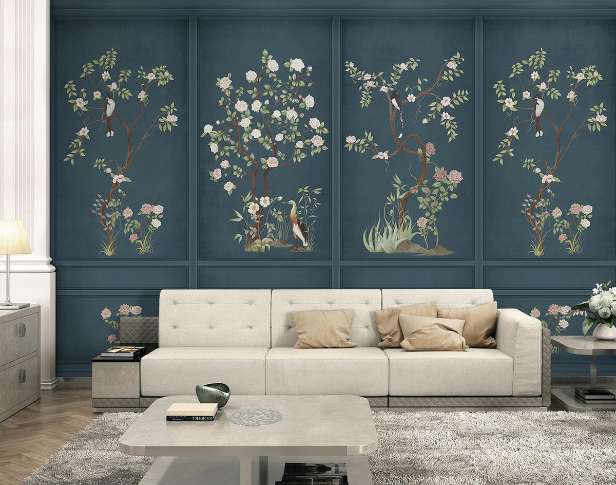 FOTOTAPETE Blumen und Vögel 318 x 280 cm - Blau, Papier (318/280cm) - Sanders & Sanders