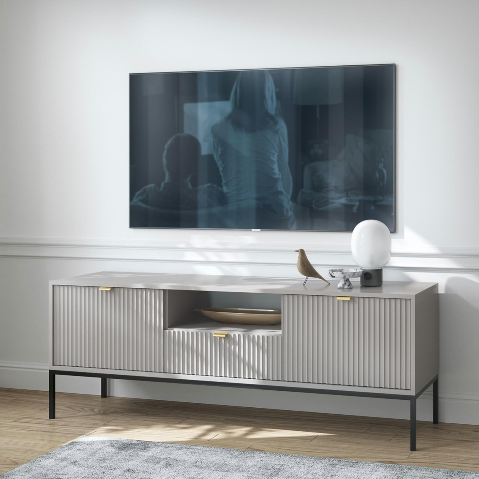 LOWBOARD TV NANAIMO RTV1-2D1S Profilierte Fronten, Grau - Grau, Holzwerkstoff/Kunststoff (154/56/39cm) - Komodee