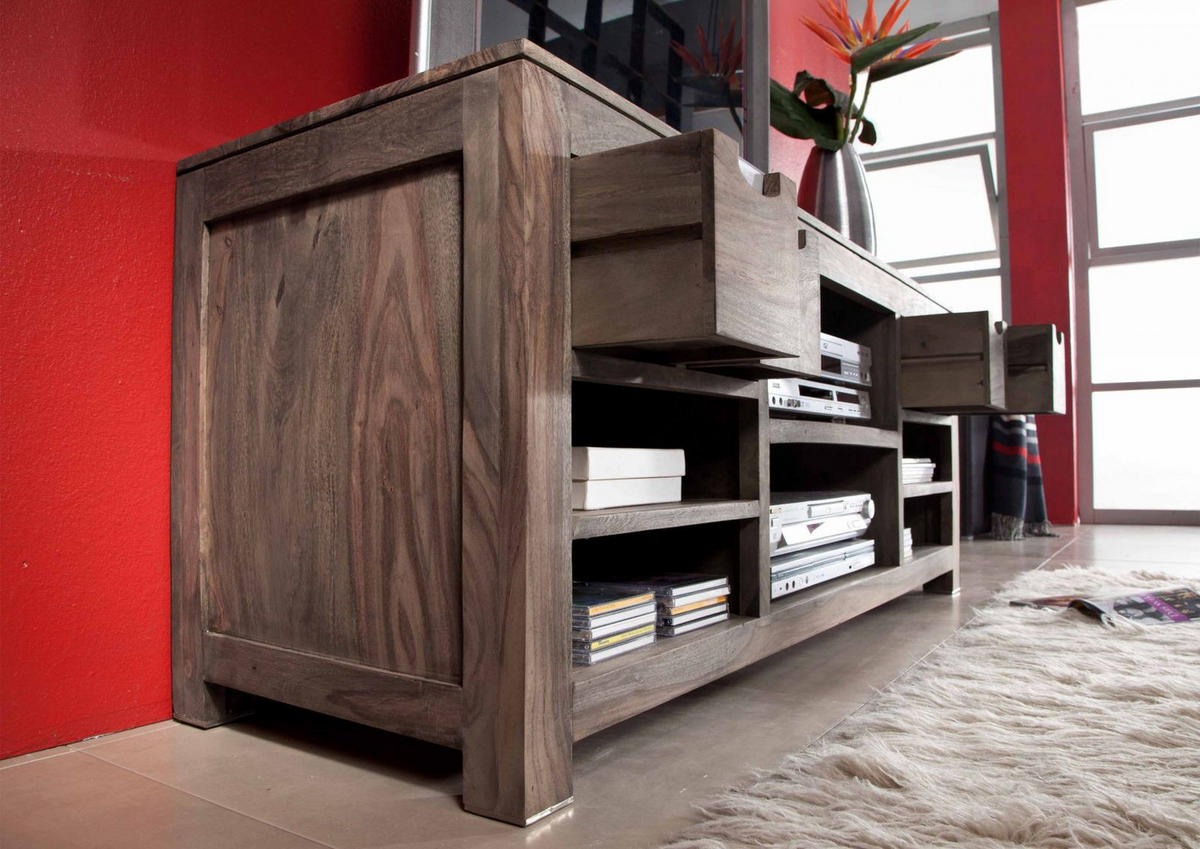 TV-BOARD Sheesham 148x50x62 grau geölt NATURE GREY #40 - Grau, Holz (148/62/50cm) - Massivmoebel24