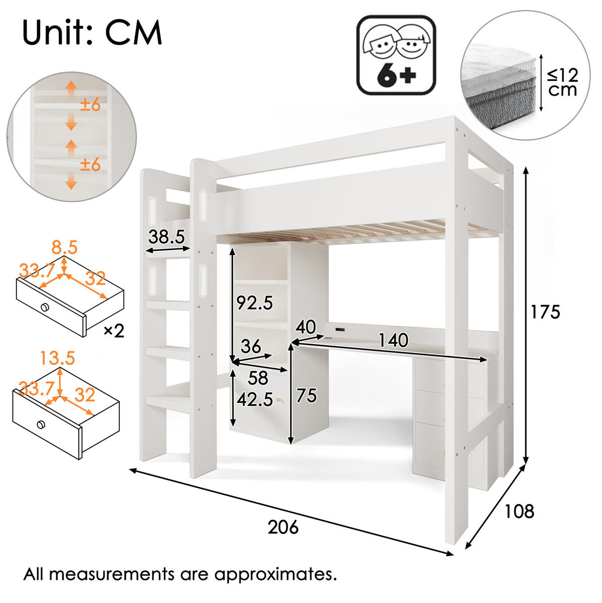 HOCHBETT 90/200 cm in Weiß mit Schreibtisch, Stauraum und USB- und Type-C-Anschlüssen - Weiß, Holzwerkstoff (90/200cm) - Flora Grace
