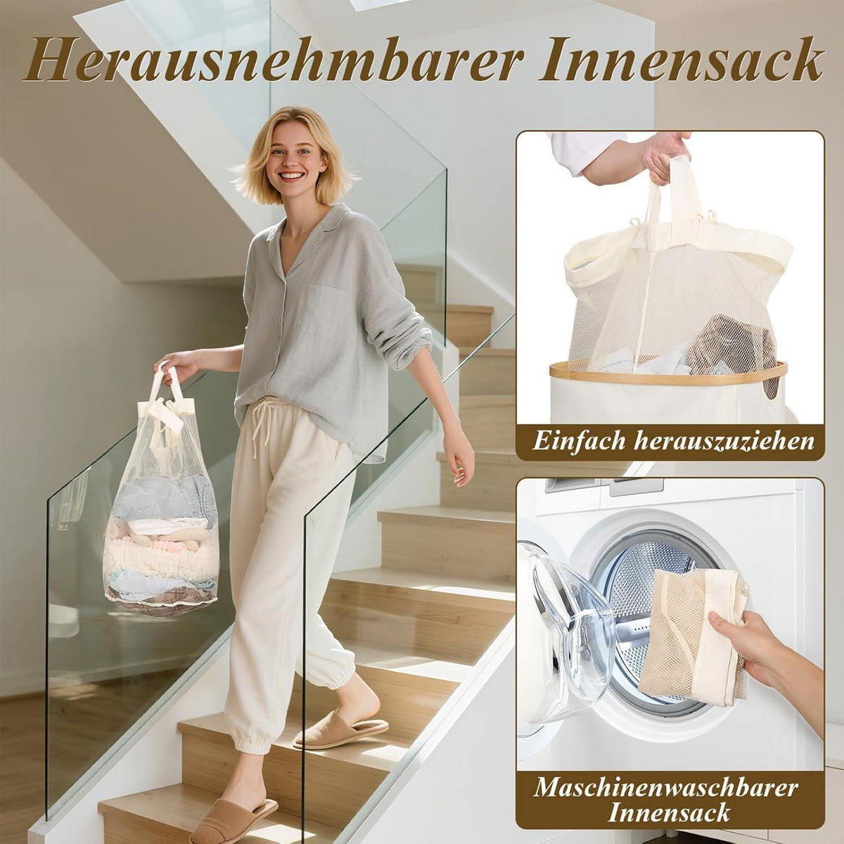 WÄSCHEKORB 100L mit Deckel und Innensack Beige - Beige, Naturmaterialien (33/70/44cm)