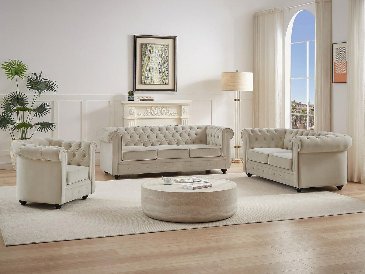 COUCHGARNITUR mit Sessel - 6 Personen - Samt, Stoff - Beige - CHESTERFIELD - Beige, Textil (165/72/78cm) - Vente-Unique