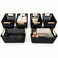 FÖRVARINGSKORG Svart 6-pack plast trähandtag storlek S - Svart, Trä/Plast (17.5/28.5/14cm) - Relaxdays