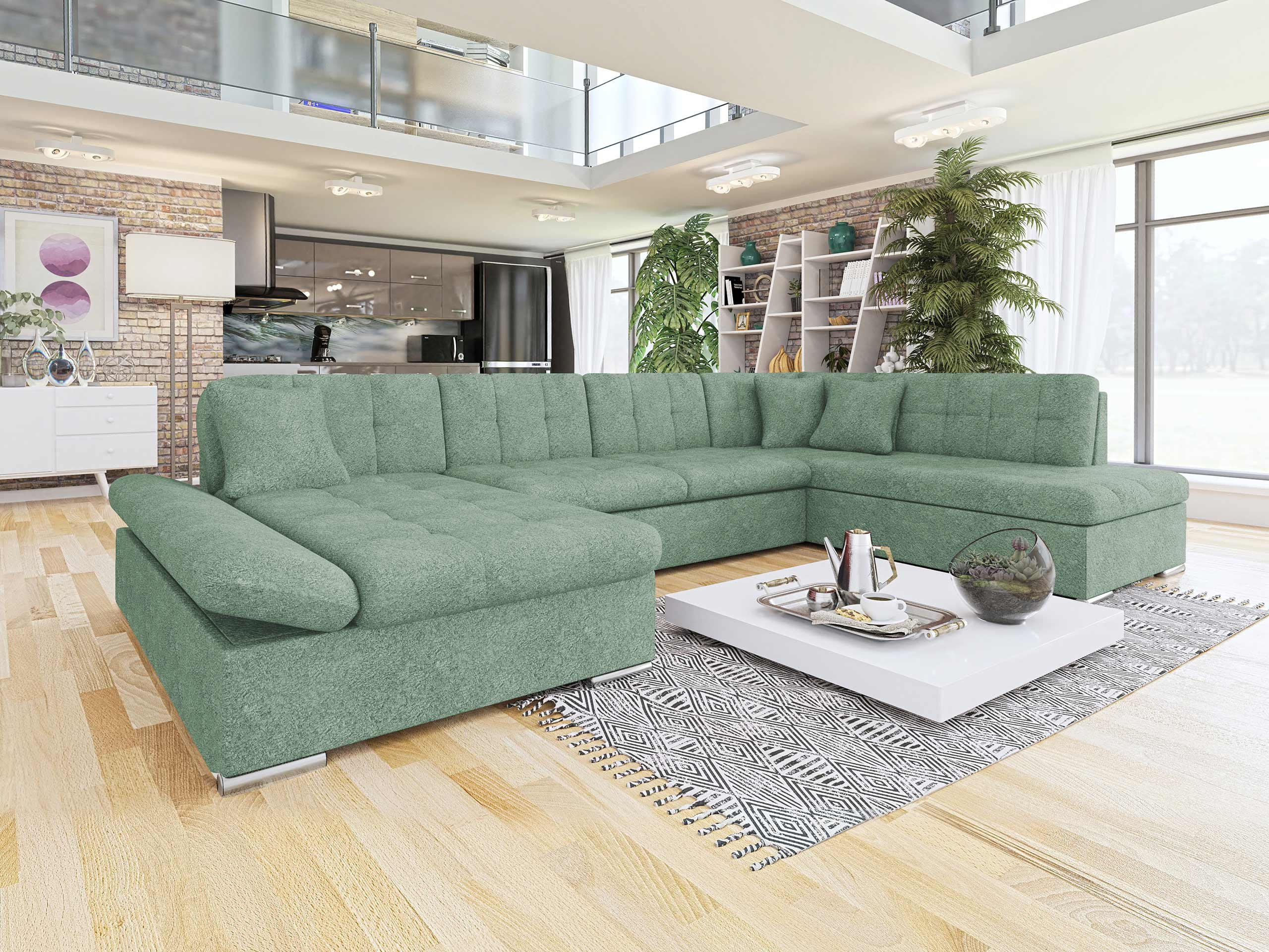 ECKSOFA Bergen, Seite: Links - Jadegrün/Silberfarben, Holz/Textil (345/76/205cm) - MIRJAN24