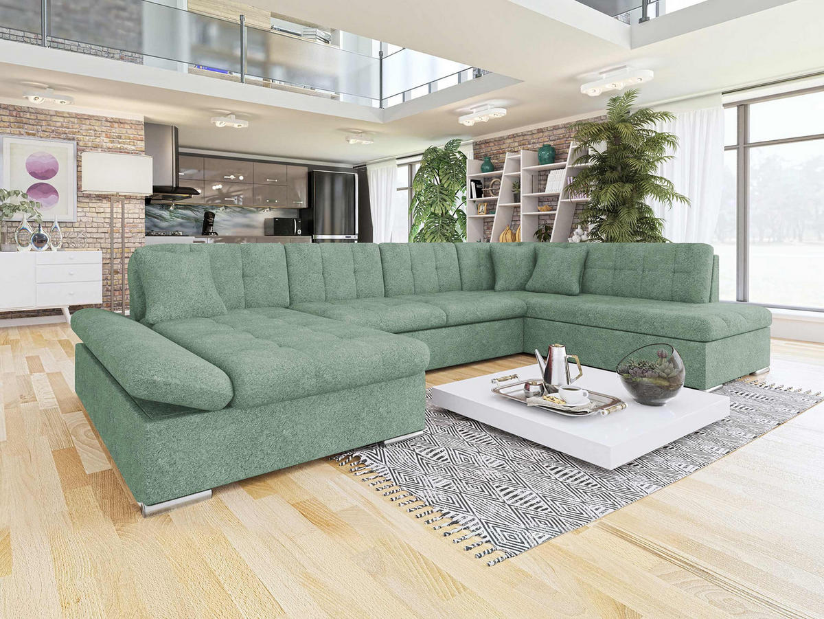 ECKSOFA Bergen, Seite: Links - Jadegrün/Silberfarben, Holz/Textil (345/76/205cm) - MIRJAN24