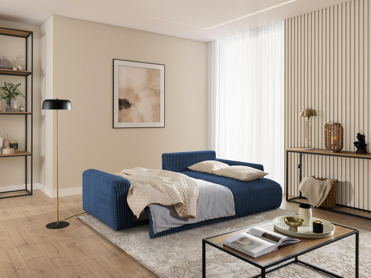 ECKSOFA Calma mit Schlaffunktion und Bettkasten im Bumpy-Design aus weichem Marineblau Plüschcord - Ottomane rechts - Blau/Schwarz, Holz/Kunststoff (140/239cm) - S-Style