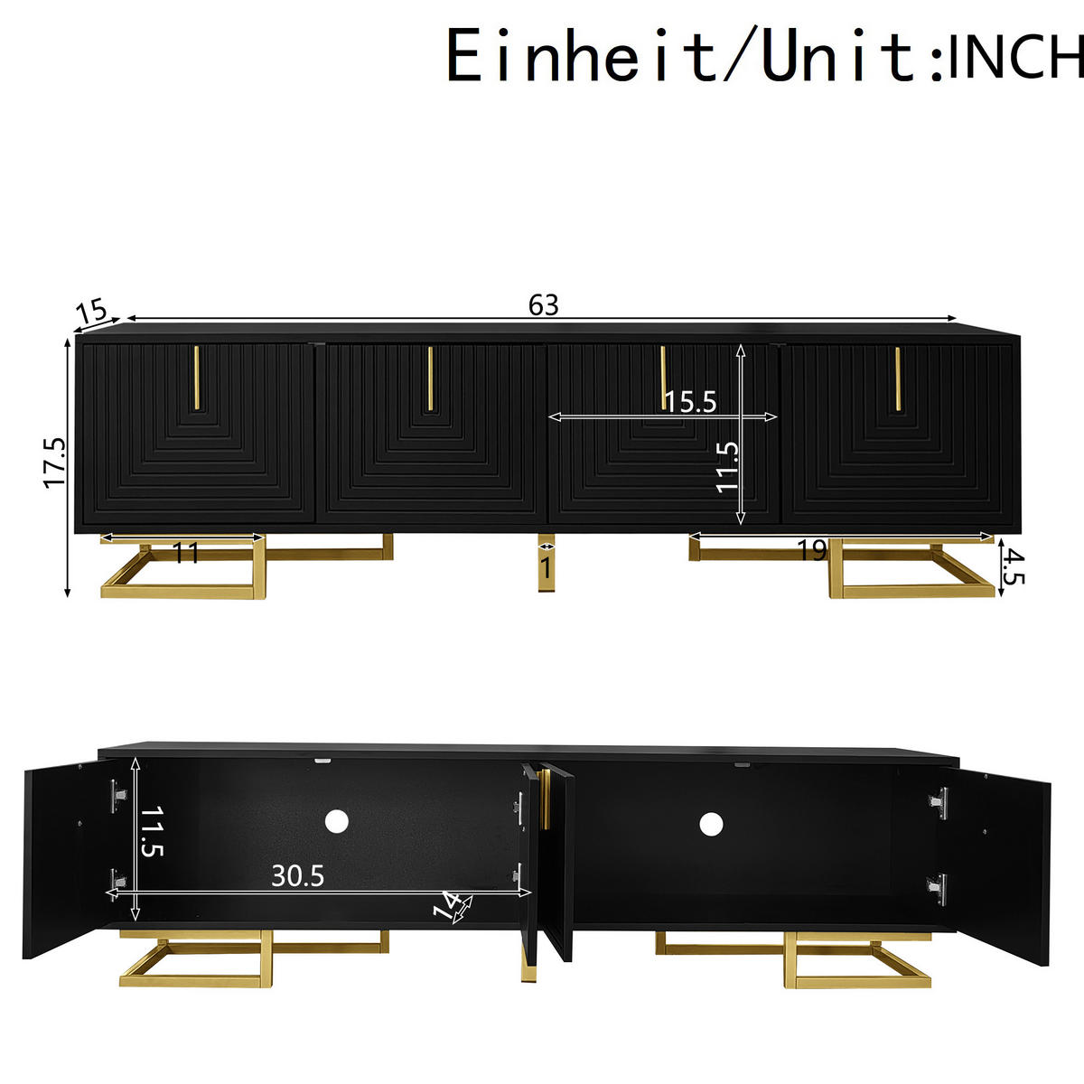 TV stolek 160/38/44,5 cm s úložným prostorem, strukturované dveře, zlaté úchyty a nohy, Černá - černá, kompozitní dřevo (160/44.5/38cm) - Redom