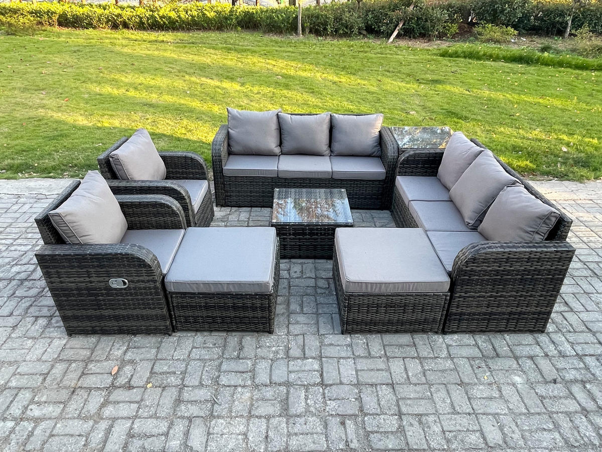 GARTENTISCHGRUPPE Polyrattan Dunkelgrau 8-teilige - Dunkelgrau/Grau, Glas/Kunststoff - Fimous