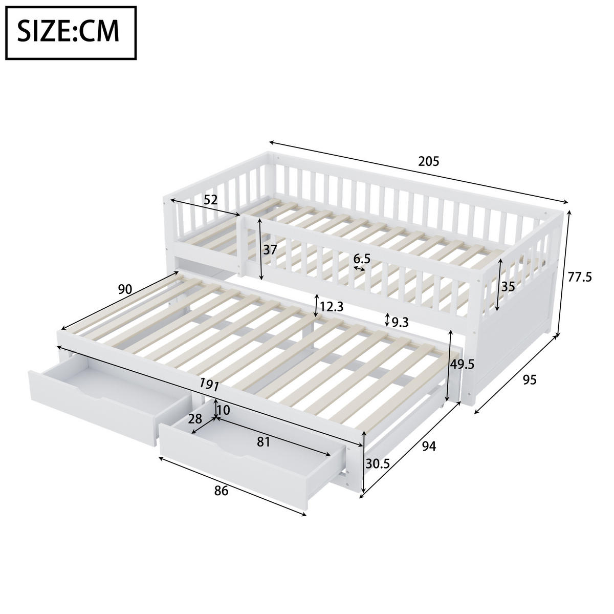 KINDERBETT aus Massivholz 90x200 cm in Weiß mit Ausziehbett & 2 Schubladen - Weiß, Holz (90/200cm) - Modfu