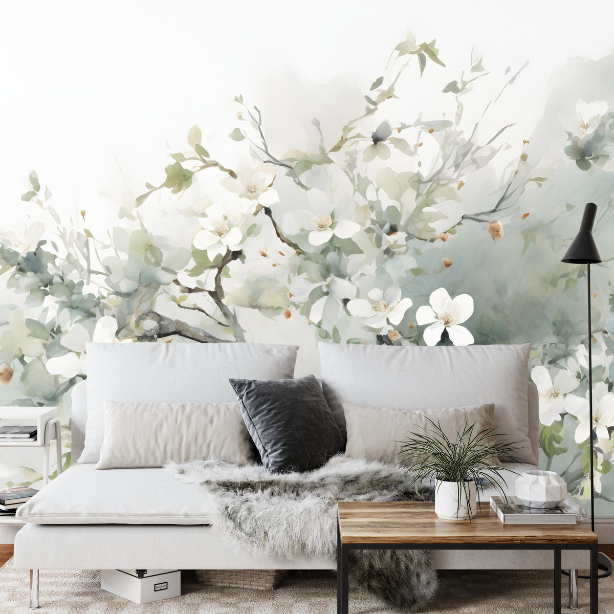 FOTOTAPETE für Wohnzimmer Aquarellbaum Blumen Natur 450x315 - Beige/Weiß, Papier (450/315cm) - Muralo