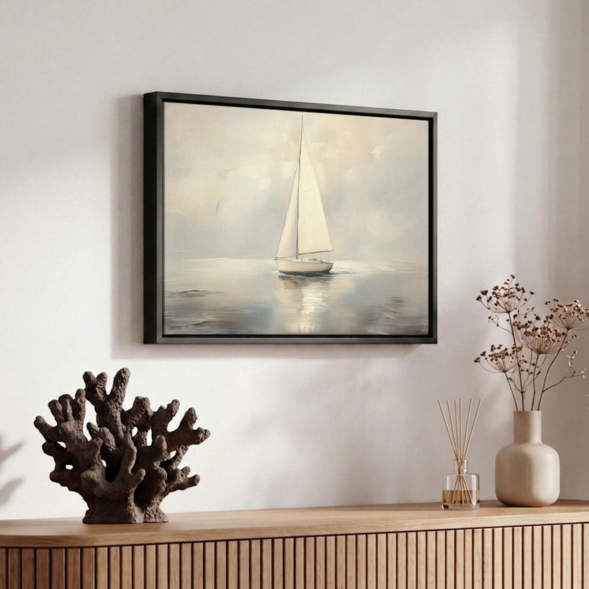 LEINWAND Bilder mit Rahmen - Segelschiff - Meer - Bewölkt - 30x20 - Creme, Textil (30/20cm) - MuchoWow